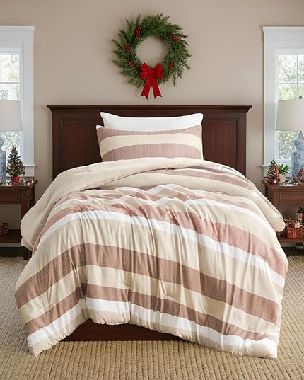 Twin Comforter Set, 2 Pieces Striped Bed Set, Soft Brushed Microfiber Reversible Bedding Set for All Season, Lightweight & Breathable Bedding Set with Comforter & Sham, Terracotta