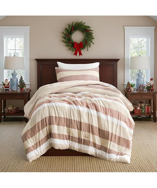 Twin Comforter Set, 2 Pieces Striped Bed Set, Soft Brushed Microfiber Reversible Bedding Set for All Season, Lightweight & Breathable Bedding Set with Comforter & Sham, Terracotta