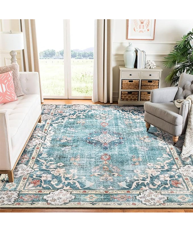 MUJOO Teal Rug 6'x9' Area Rugs for Living Room Washable Rugs Large Boho Carpet for Bedroom Dining Room Neutral Vintage Farmhouse Abstract Non Slip Soft Floral Blue Flowers Colorful