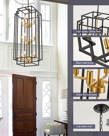 12-Light Lantern Tiered Pendant Light Fixtures, Black Metal Farmhouse Chandelier Hall Foyer Hanging Chandelier for Kitchen Island Dining Room Living Room Foyer Entryway, Black+Gold