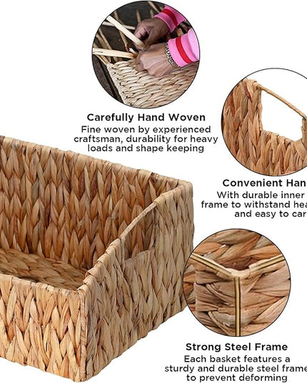 Ollieroo Natural Water Hyacinth Storage Baskets, Handwoven Wicker Storage Bins with Built-in Handles, Storage Container Baskets for Shelves, Bedroom, Bathroom, Laundry Room or Kitchen(Set of 3)