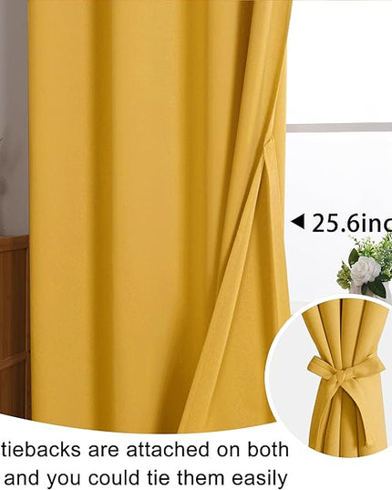 JIUZHEN Blackout Curtains with Tiebacks - Thermal Insulated, Light Blocking and Noise Reducing Grommet Curtain Drapes for Bedroom and Living Room, Set of 2 Panels, Yellow, 52 x 84 Inch Length