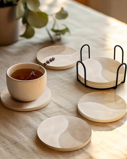 VEYRO Coasters Set of 6 for Drinks – Absorbent Ceramic Stone Drink Coasters with Cork Backing for Coffee Table & Desk, Modern Marble Look Cup Coaster Set, Housewarming Gift for New Home