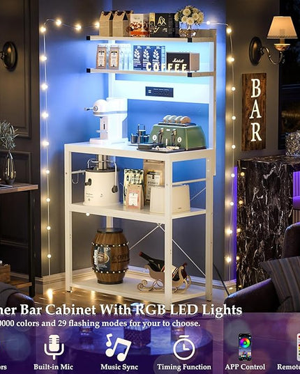 Aheaplus Bakers Rack with Power Outlet, Microwave Stand, 5 Tiers Coffee Bar Station with Led Lights, Kitchen Storage Shelf with 6 S-Shaped Hooks, Kitchen Rack for Spices, Pots and Pans, White