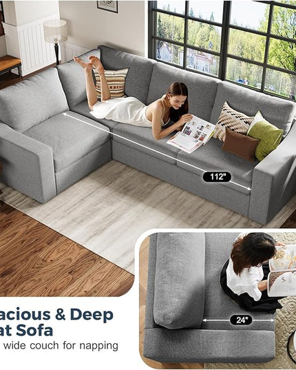 ABCASA 112" Convertible Sectional Sofa, Large L Shaped Couch with Detachable Sofa Cover, Modular Couch for Living Room, Breathable Linen Fabric Corner Sofa for Apartment, Grey