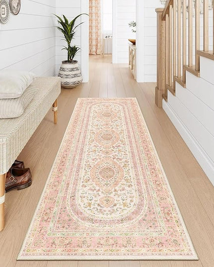 Washable Runner Rug 2x6,Pink Rug Runners Non Slip,Long Boho Rugs for Hallways Kitchen Bedroom Entryway Living Room Bathroom,Vintage Bohemian Distressed Farmhouse Floor Carpet,Blush Floral