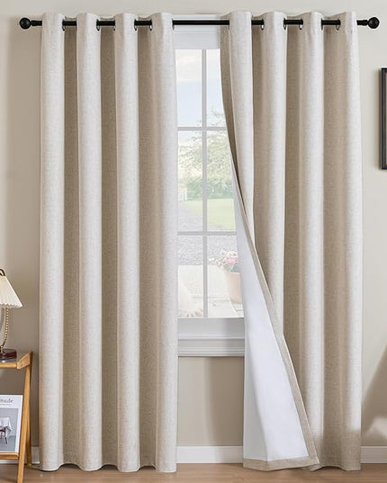 H.VERSAILTEX Linen Curtains 100% Blackout Curtains for Bedroom 84 inch Long Full Light Blocking Nature Linen Blended Window Curtains for Living Room Nickel Grommet (2 Panels, Heathered Natural)