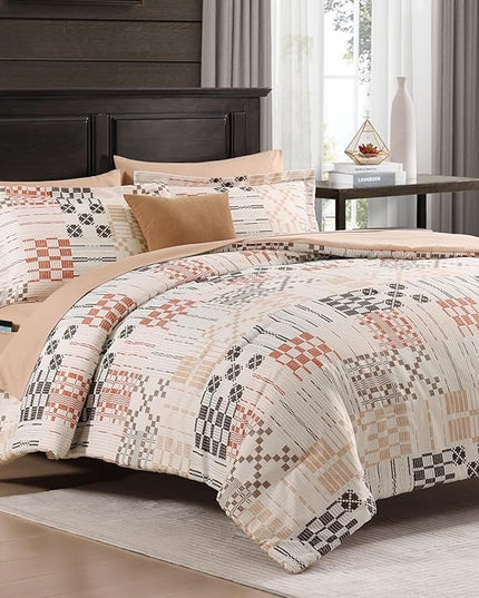 MaiRêve Queen Comforter Set, Classic Plaid Farmhouse Bedding Sets 7 Pieces, Beige All Season Bed in A Bag with Sheets, Pillowcases & Shams