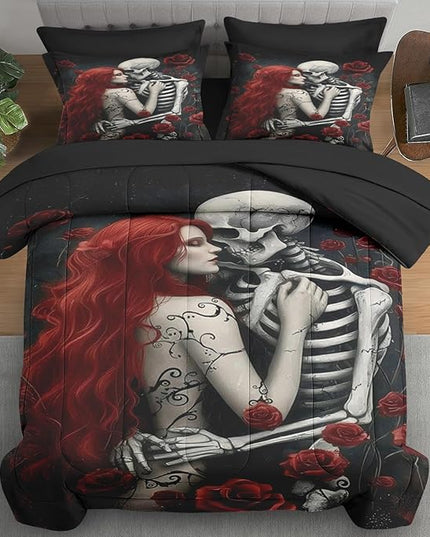 Comforter Set King Size, Death Skeleton Black 7 Pcs Bedding for Kids and Adults, Lover Rose Bed Sheet Sets with Fitted Sheet 2 Pillowcases & 2 Shams for Bedroom Bed Decor