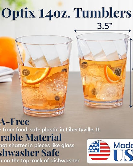 US Acrylic Optix Plastic Reusable Drinking Glasses (Set of 8) 14oz Rocks Cups in Clear | BPA-Free Tumblers, Made in USA | Top-Rack Dishwasher Safe