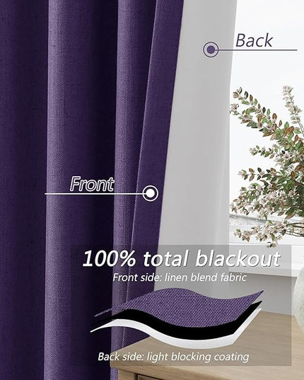 Guken 100% Blackout Curtains 108 Inch Length 2 Panels Set for Living Room Bedroom Back Tab Thermal Insulated Black Out Linen Drapes Room Darkening New Purple,52x108