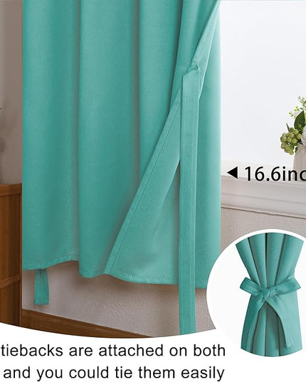 JIUZHEN Short Curtains Kitchen Half Window Blackout Curtains with Tiebacks for Baseroom Shadows, Grommet Curtains for Living Room, Set of 2 Window Curtain Panels, 42 x 30 Inch Length，Turquoise