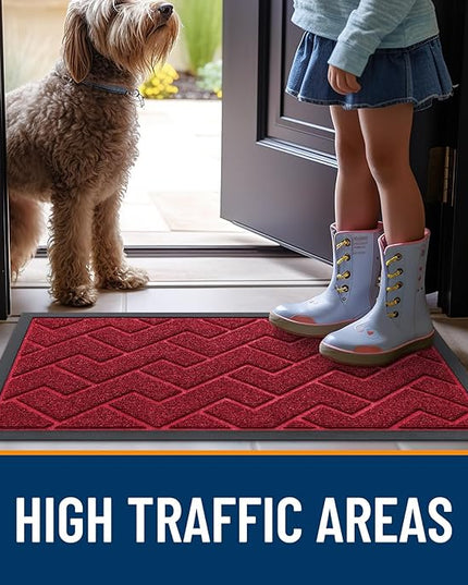OLANLY Front Door Mat Indoor Outdoor Entrance, Waterproof All-Season, All-Weather Doormat, Sturdy Natural Rubber, Low Profile, Easy Clean Patio Porch Entryway Mat, Herringbone Brick (Wine Red, 59x35)
