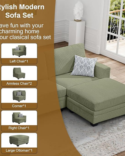 Legend Vansen Oversized Modular Sectional Sofa,6 Seat U Shaped Couch with Ottoman,Corduroy Sofa with Deep Seat,Convertible Large Sectional Couches for Living Room (Olive, L-6)