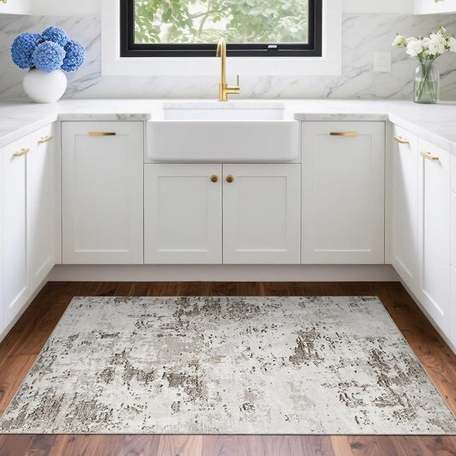 Modern Abstract 2x3 Area Rug Non Slip Non Shedding Low Pile Stain Resistant Rug for Entryway Kitchen Bedroom,Taupe/Beige