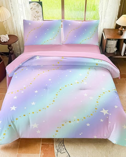 Rainbow Bedding Set Twin Size – 5 Piece Reversible Girls Comforter with Deep-Pocket Sheet, Gradient Galaxy Design, Whole-Piece Filling, Machine Washable Bed-in-a-Bag for Kids Room Makeover & Gifts