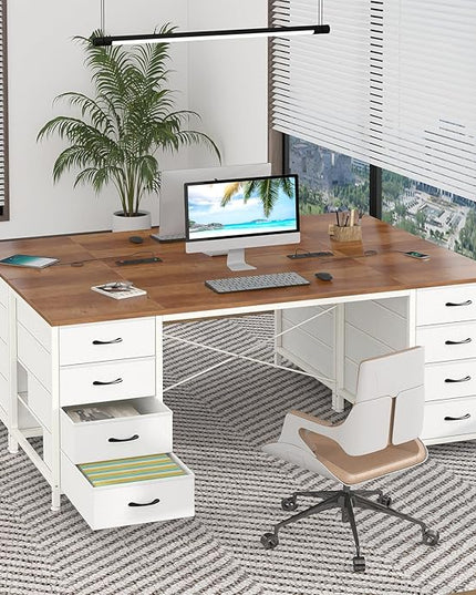 60 Inch Computer Desk with 8 Drawers, Home Office Desk with Power Outlets, Work Study Gaming Desk with 8 Fabric Drawers, Brown and White