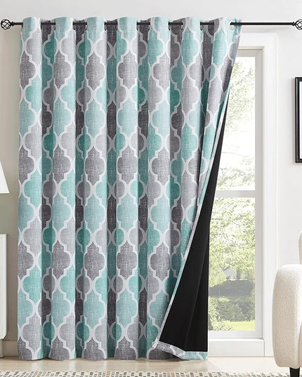 Beauoop 100% Blackout Curtains 84 Inches Long for Patio Sliding Door Aqua Grey Extra Wide Moroccan Geo Room Darkening Thermal Soundproof Room Divider Grommet Window Treatment Drapes,100x84 Set of 1