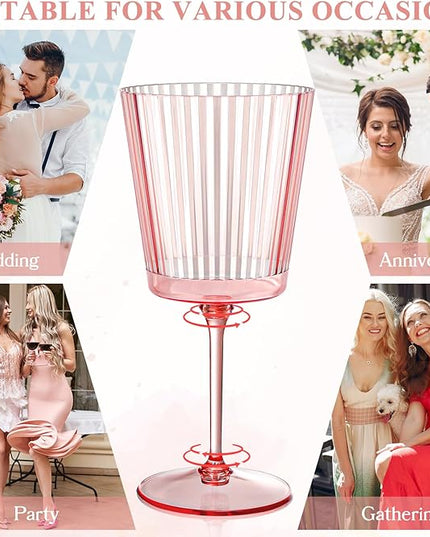 12 PCS Pink Plastic Wine Glasses with Removable Stems 13.5 Oz Pink Ribbed Wine Glasses Square White Wine Glass Muted Pastel Colors Goblets Elegant Fluted Glassware for Wedding Anniversary Birthday