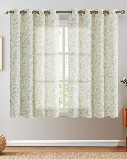 Lazzzy Linen Farmhouse Curtains for Living Room 63 Inch Length Floral Print Window Curtains Semi Sheer Drapes for Bedroom Country Light Filtering Curtain Grommet Top 2 Panels Green on Beige