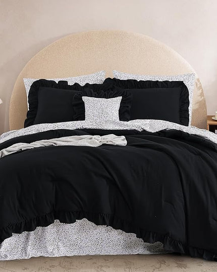 Queen Comforter Set - 7 Pieces Ruffle Black Bedding Sets, Shabby Chic Farmhouse Bed in a Bag Queen with Ruffle Comforter, Floral Sheets, Pillowcases & Shams