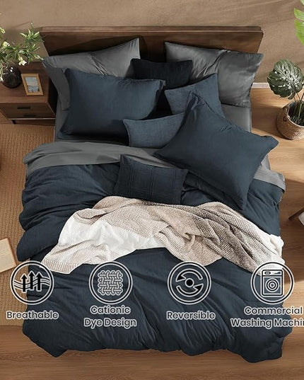 Monbix California King Comforter Set - 7 Pieces Cationic Dyeing Navy Blue Bed in a Bag Cal King Bedding Sets with Comforter, Sheets, Pillowcases & Shams, Reversible Bedding Comforters Sets(108 * 92)