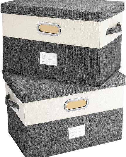 Large Linen Fabric Foldable Storage Bins with Removable Lid and Handles, Washable Storage Box Organizer Containers Baskets Cube with Cover for Bedroom,Office(grey&cream, Large(2-Pack))
