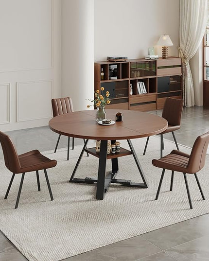 Walnut Round Dining Table Set for 4, Mid-Century Modern Kitchen Table and Chairs, Small Space Dining Room Furniture for Apartment, Breakfast Nook or Studio (Boxwood-Storage Table+4 Brown Chairs)