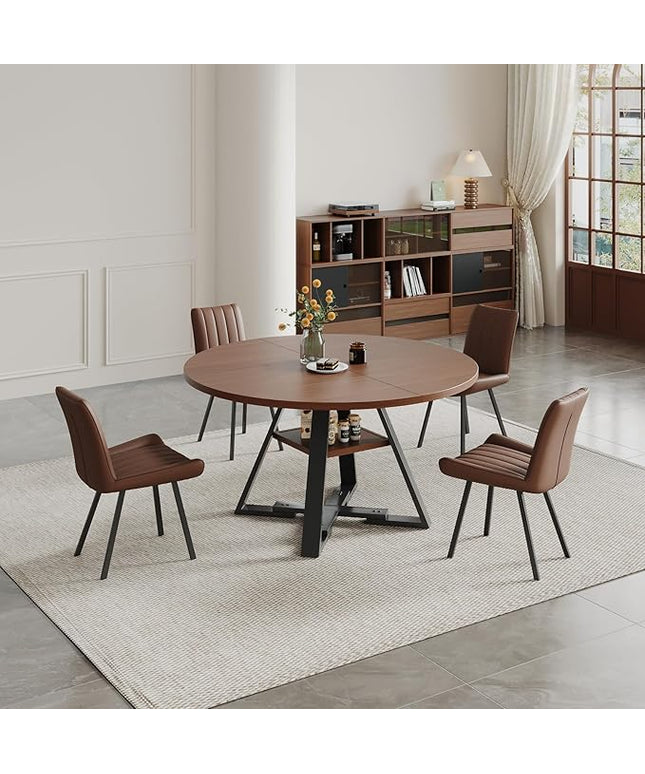 Walnut Round Dining Table Set for 4, Mid-Century Modern Kitchen Table and Chairs, Small Space Dining Room Furniture for Apartment, Breakfast Nook or Studio (Boxwood-Storage Table+4 Brown Chairs)