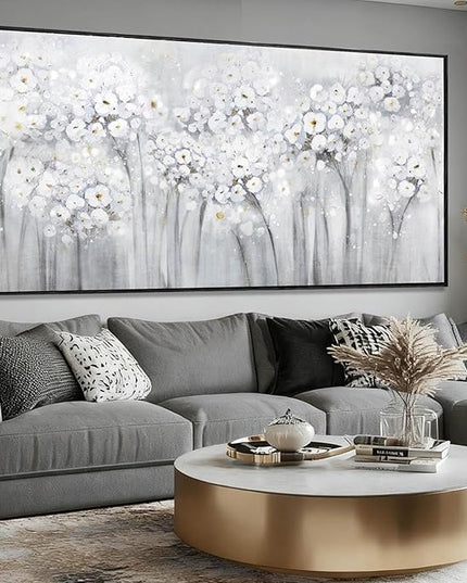 Flower Wood Wall Decor White Wall Art Textured Canvas Painting 32"x70" Decorative Pictures for Bedroom Kitchen Large Artwork