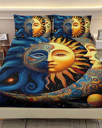 AILONEN Boho Sun and Moon Sheet Set,Celestial Galaxy Starry Space Kids Bedding Twin XL Size, All-Season Soft Microfiber Mandala Exotic Black Bed Sheets,3-Piece,1 Fitted Sheet + 1 Pillow Case