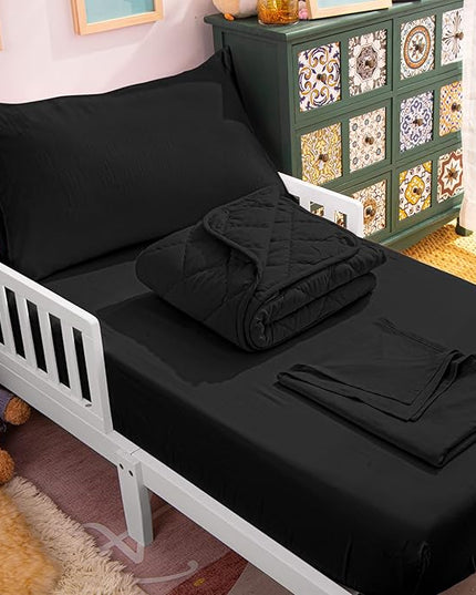 NTBAY Toddler Bedding Set - 4 Piece Soft and Breathable Crib Bedding Set for Boys and Girls, Includes Quilted Comforter, Fitted Sheet, Flat Top Sheet and Envelope Pillowcase, Black