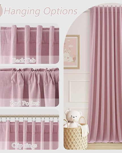 Guken 100% Blackout Curtains 90 Inch Length 2 Panels Set for Living Room Bedroom Back Tab Thermal Insulated Black Out Linen Drapes Room Darkening Rose,52x90