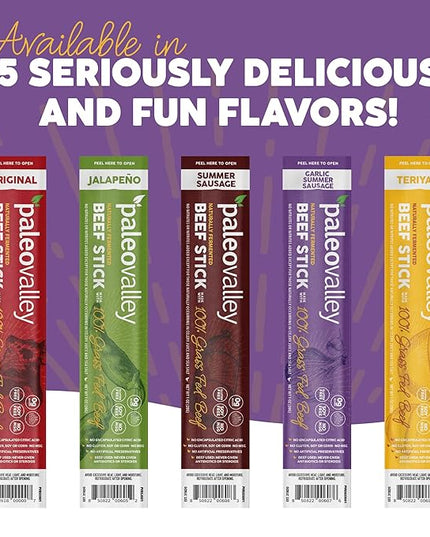 Paleovalley 100% Grass Fed Garlic Summer Sausage Beef Sticks - Delicious Gluten Free Beef Snack - High Protein Keto Friendly