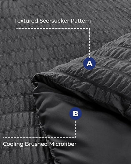 HYMOKEGE Queen Comforter Set Seersucker 7 Pieces, All Season Luxury Bed in a Bag for Bedroom, Bedding Set with Comforters, Sheets, Pillowcases & Shams, Dark Grey