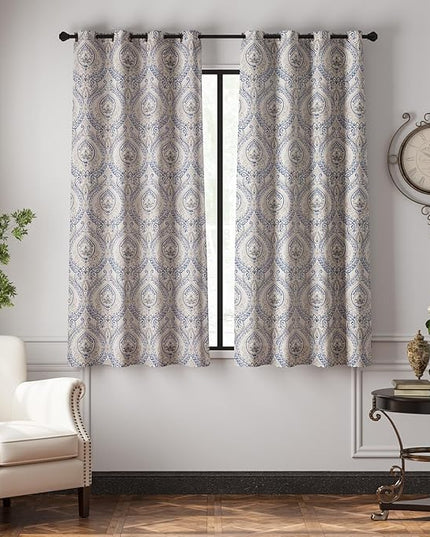 jinchan Linen Textured Curtains for Living Room Darkening 54 Inch Length, Medallion Drapes for Bedroom, Damask Pattern Window Treatments Vintage Curtain Panels, 2 Panels Blue on Greige