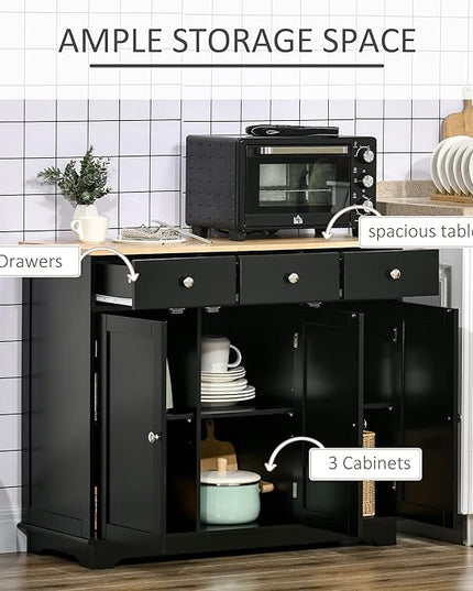 HOMCOM Sideboard with Solid Wood Countertop, Modern Kitchen Storage Cabinet, Coffee Bar Cabinet with 3 Drawers, Doors and Adjustable Shelf, Black