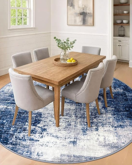 IOHOUZE Abstract Round Area Rug 8 Ft Washable Circle Rugs Large Round Rug Non Slip Thin Soft Circle Rugs, Printed Faux Wool Floor Carpet for Bedroom Living Room Dining Room Nursery, Navy/Grey