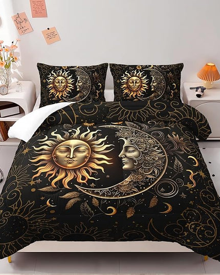AILONEN Sun and Moon Comforter Set for Boys Girls, Full Black and Gold Mandala Boho Exotic Style Bedding Set, 3 Pieces Sky Could Star Print Bed in a Bag,1 Comforter with 2 Pillowcases