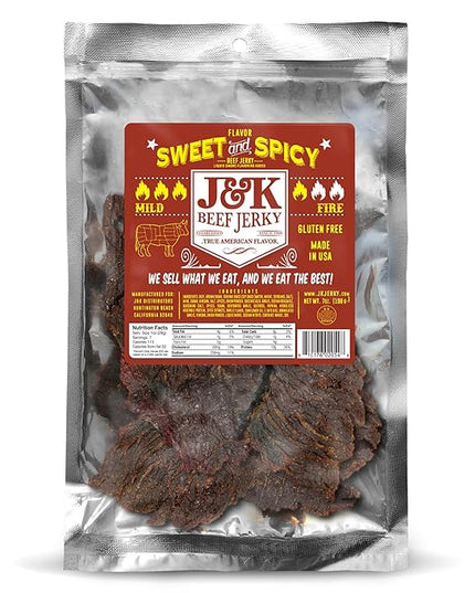 J&K Sweet and Spicy Beef Jerky - Hand Crafted Small Batch American Made Slab Beef Jerky - Bold & Flavorful Snack! - 7oz Big Bag