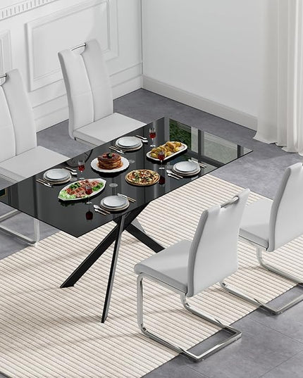 HomVent 5 Pieces Rectangular Glass Dining Table Set, Black Glass Dining Table for 4 Kitchen Table Set with 4 PU Dining Chairs for Kitchen Dining Room