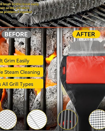 Bristle Free Grill Brush with Scraper, 4 Replaceable Cleaning Head BBQ Grill Cleaning Brush, Dishwasher-Safe Grill Cleaner Tool for Gas,Charcoal,Ceramic,Cast Iron & Stainless-Steel Grates