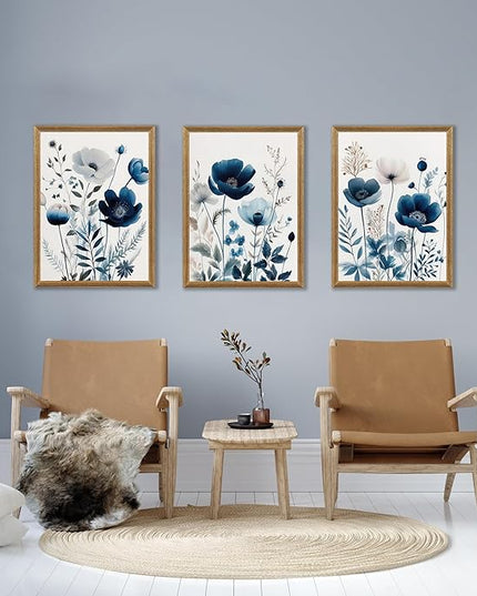 DUWQU 3 Pcs Blue Floral Canvas Wall Art, Wood Framed Navy Blue Wildflower Lily Daisy Art Wall Decor, Watercolor Botanical Flower Home Poster Art Prints for Living Room Bedroom Bathroom 16×24 Inches