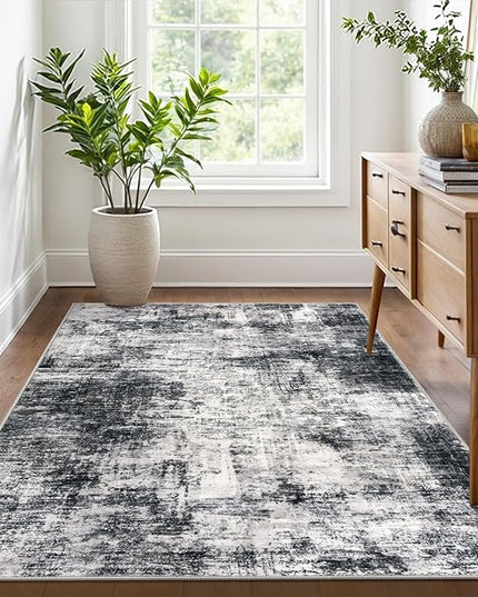 IOHOUZE Abstract Area Rug 4x6 Ft Washable Rugs for Entryway Indoor, Non Slip Small Living Room Rugs Printed Faux Wool Throw Rug, Floor Carpet for Kitchen Nursery Playroom, Black Grey