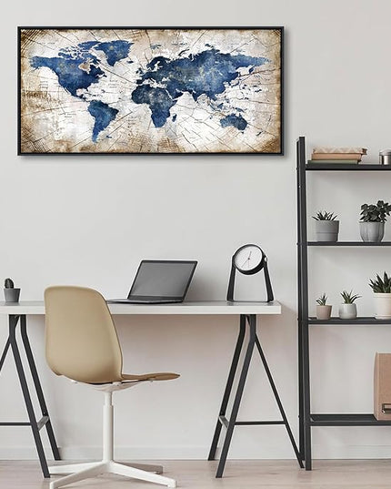 World Map Canvas Wall Art Navy World Maps for Wall Vintage Modern Wall Art for Office Framed Pictures for Living Room Bedroom Wall Decoration for Home Office Decor Artwork for Walls 20x40IN