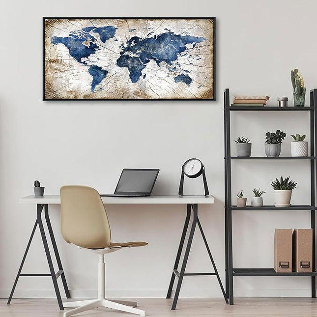 World Map Canvas Wall Art Navy World Maps for Wall Vintage Modern Wall Art for Office Framed Pictures for Living Room Bedroom Wall Decoration for Home Office Decor Artwork for Walls 20x40IN