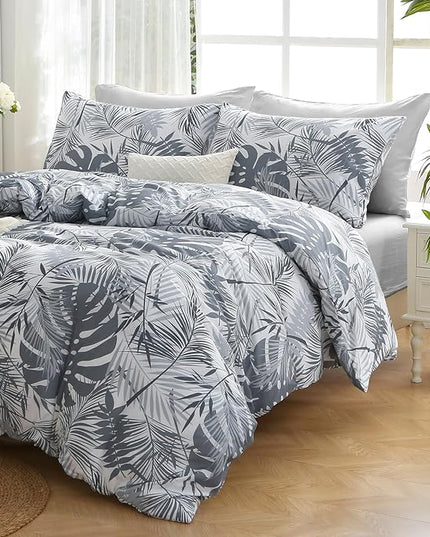 MUXHOMO Black&Grey Full Comforter Set, Elegant Floral Print Bed in a Bag 7 Pieces, Ultra Soft & Breathable Reversible Botanical Pattern Bedding Set with Comforter, Sheets, Pillowcases, and Shams