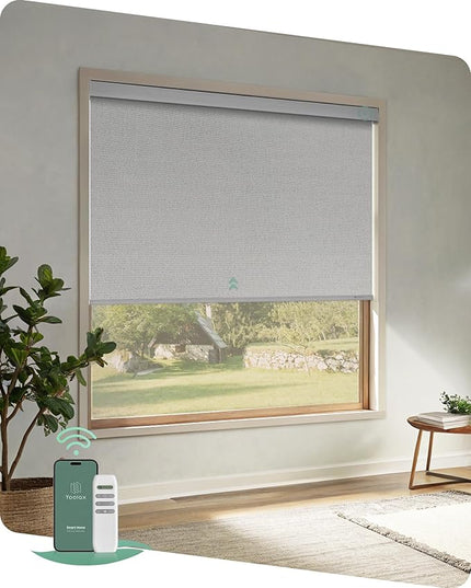 Yoolax Motorized Blinds with Remote, Blackout Remote Shades for Windows, Automatic Roller Shades Cordless Electric Blinds for Bedroom Living Room Office, Custom Size (Fabric Greyish White)