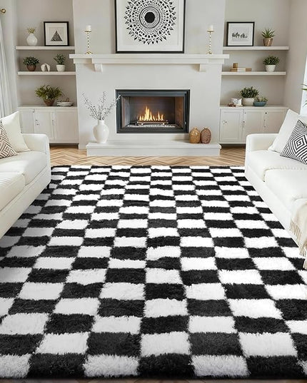 Ophanie Checkered Black & White Rug for Living Room Bedroom, Fluffy Soft Cute Fuzzy Area Rugs, Shag Plush Shaggy Bedside Floor 8x10 Furry Carpet for Kids Baby Teen Dorm Nursery Home Decor Aesthetic