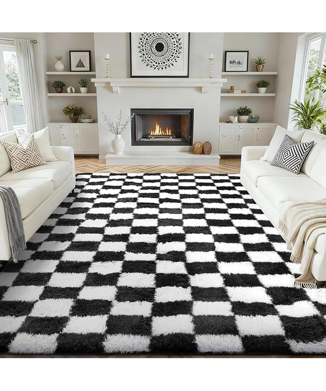 Ophanie Checkered Black & White Rug for Living Room Bedroom, Fluffy Soft Cute Fuzzy Area Rugs, Shag Plush Shaggy Bedside Floor 8x10 Furry Carpet for Kids Baby Teen Dorm Nursery Home Decor Aesthetic